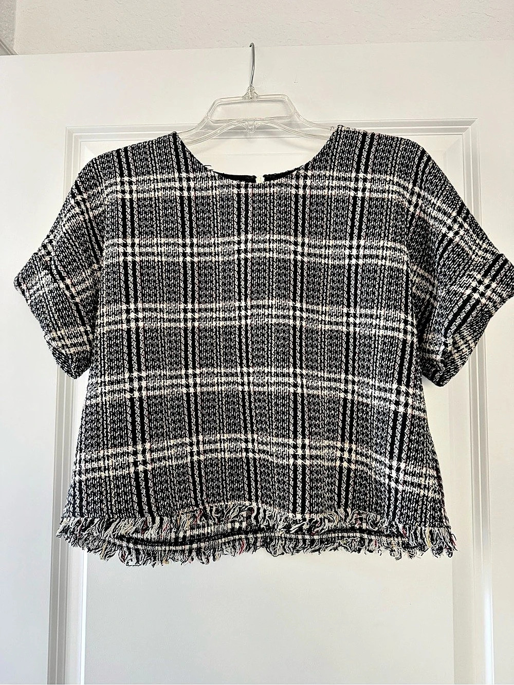 Zara Plaid Fringe Short Sleeve Top Size Small